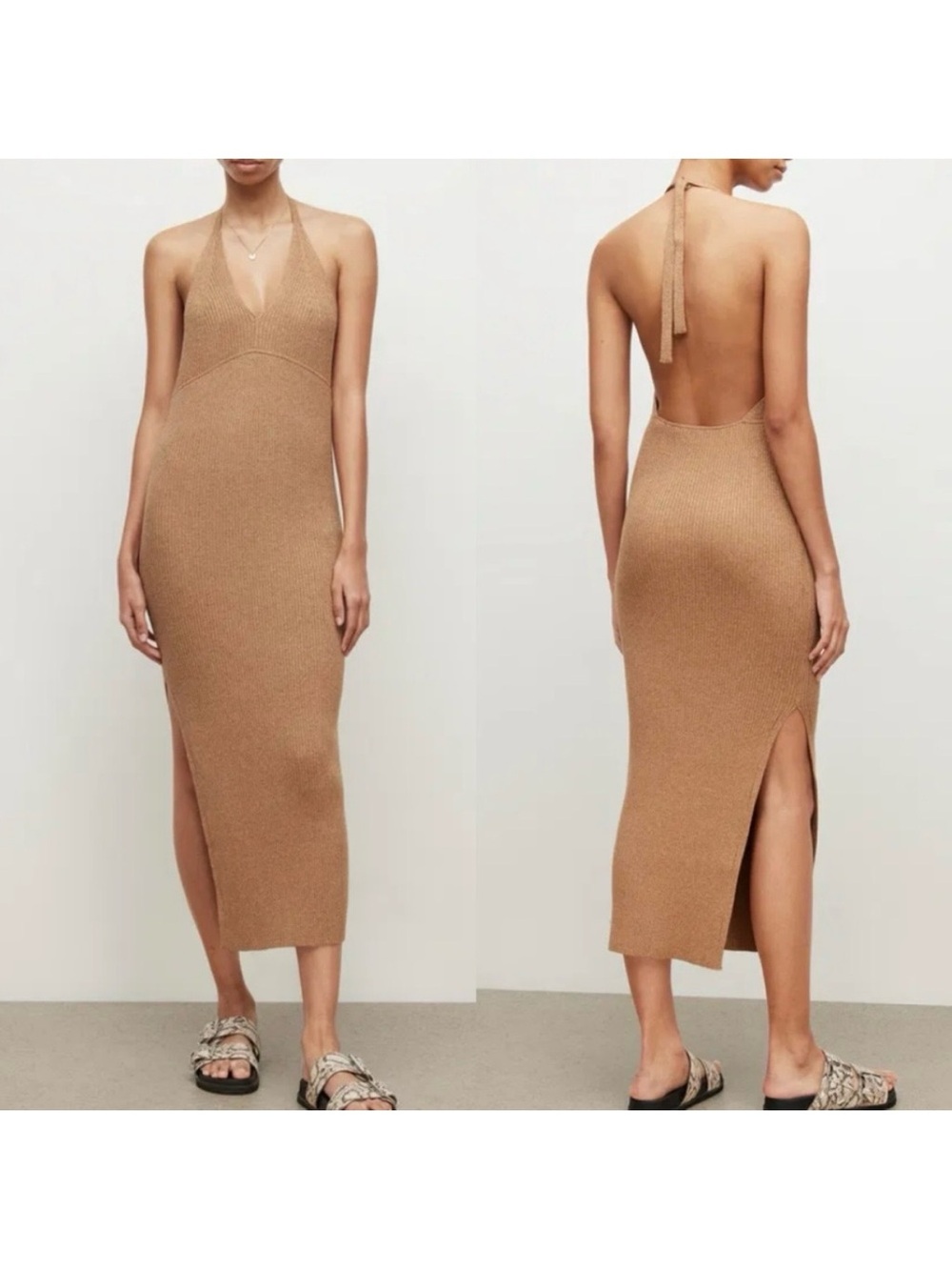 All Saints Lexi Ribbed Halter Midi Dress Praline Metallic Gold